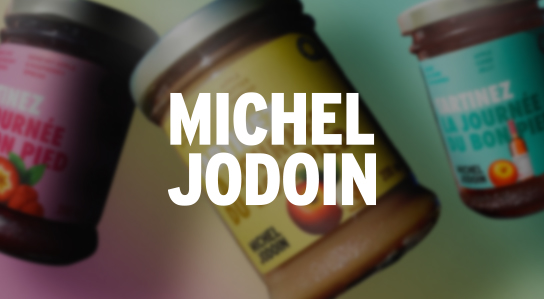 3 Pots de tartinade Michel Jodoin sur un fond multicolore avec logo Michel Joddin en avant-plan